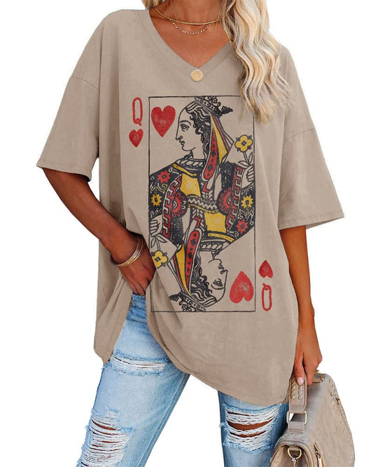 Fazortev Womens Oversized Queen Of Hearts Graphic T Shirts Casual V Neck Half Sleeve Summer Loose Tees Tunic Tops Khaki