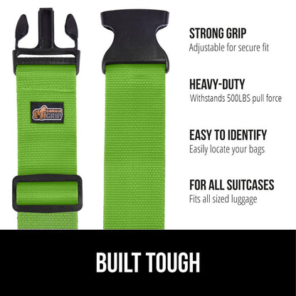 GORILLA GRIP Heavy Duty Adjustable Luggage Straps for Suitcases, Easy to Identify Travel Belt Connector Holds Suitcase Together, Extends Life of Bag, Strap Connects Two Bags, Accessories 2 Pack Green