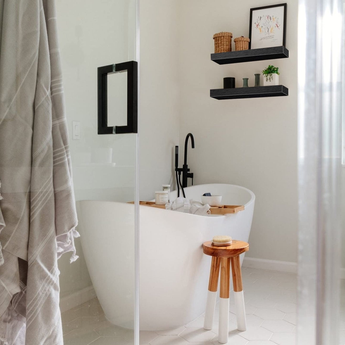 QEEIG Black Bathroom Floating Shelves for Wall Shelf Over Toilet Wall Mounted Farmhouse Small 16 inch Set of 2 (008-40B)