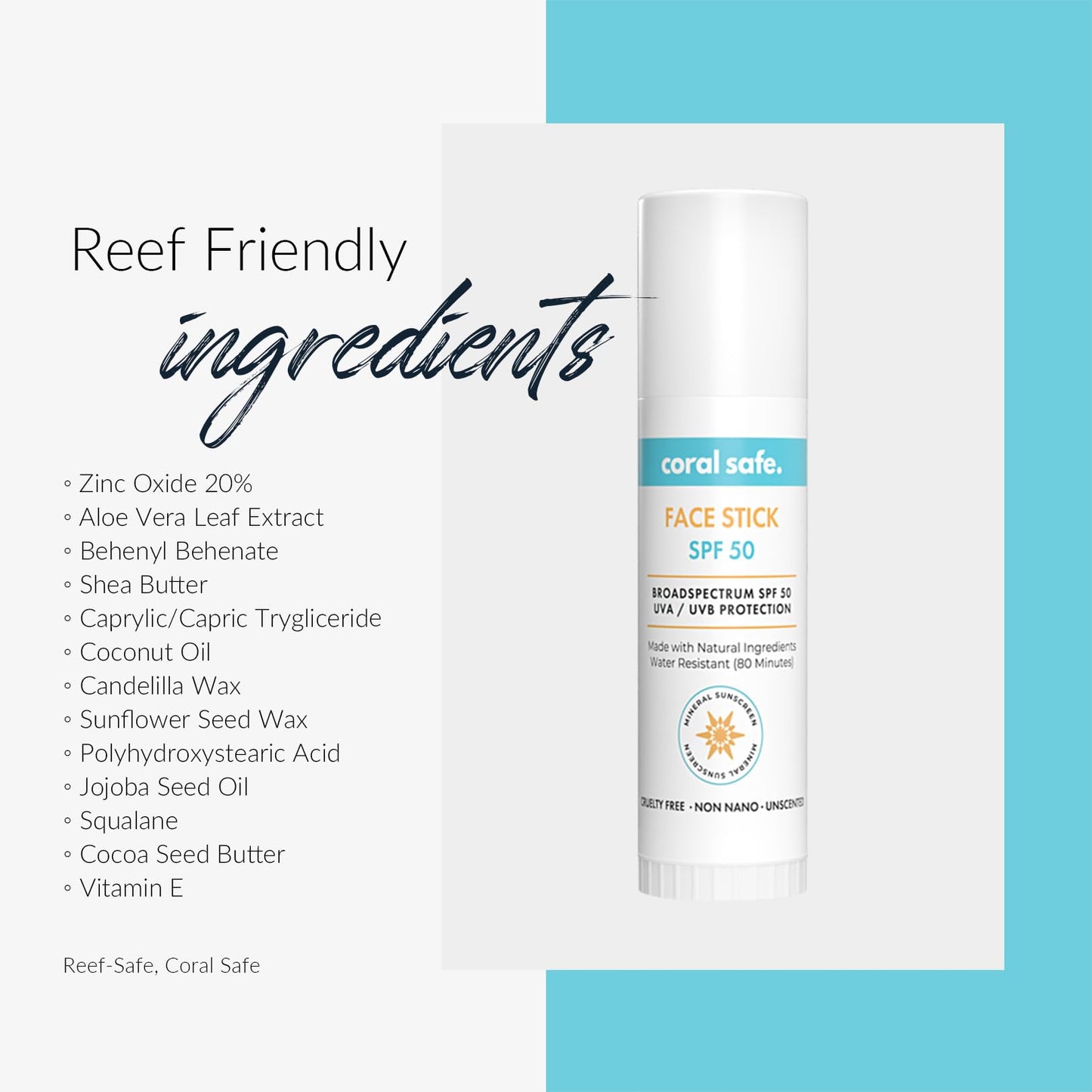 Reef Safe Sunscreen SPF 50 Facestick - Biodegradable, Hawaii & Mexico Approve, Zinc, Vitamin E, Oxybenzone & Octinoxate Free, Water Resistant, Natural Ingredients, Made in USA by Coral Safe
