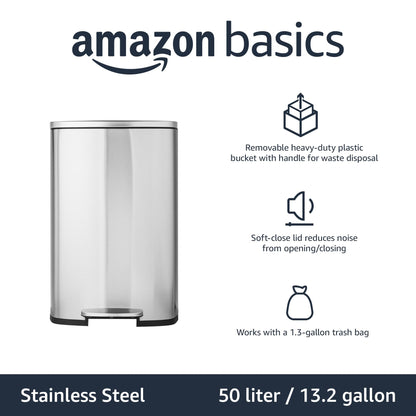 Amazon Basics Smudge Resistant Rectangular Trash Can With Soft-Close Foot Pedal, Brushed Stainless Steel, 50 Liter/13.2 Gallon, Satin Nickel Finish, 16.7"L x 14.7"W x 25.9"H
