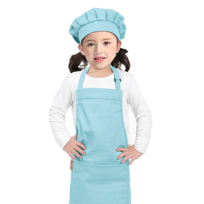 Kids Apron and Chef Hat Set-Adjustable Child Apron for Boys and Girls for Cooking Baking Light Blue