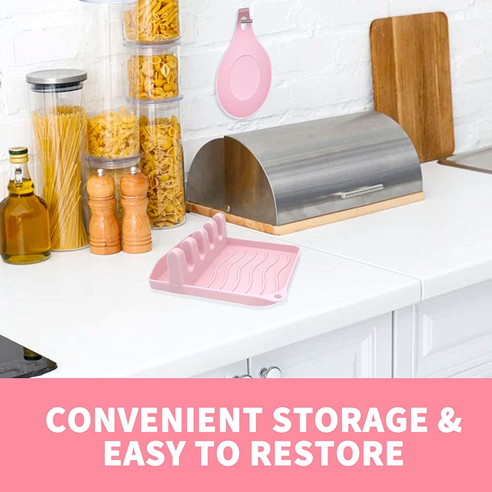 LSVGOE 2 Pack Multiple Utensil Spoon Rest with Drip Pad Non-Slip Heat Resistant Kitchen and Grill Spoon Holder for Spatula, Ladle, Tongs, Kitchen Gadgets, and Cooking Accessories (Cute Pink)