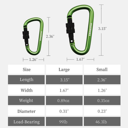 munkees Small Carabiner Clip Keychain 2 Pack, Mini Caribeener 2 inch to 3" for Keys Aluminum Alloy Biner Lightweights for Bottle Buckle, Backpack Hook (Small, Green with Lock)
