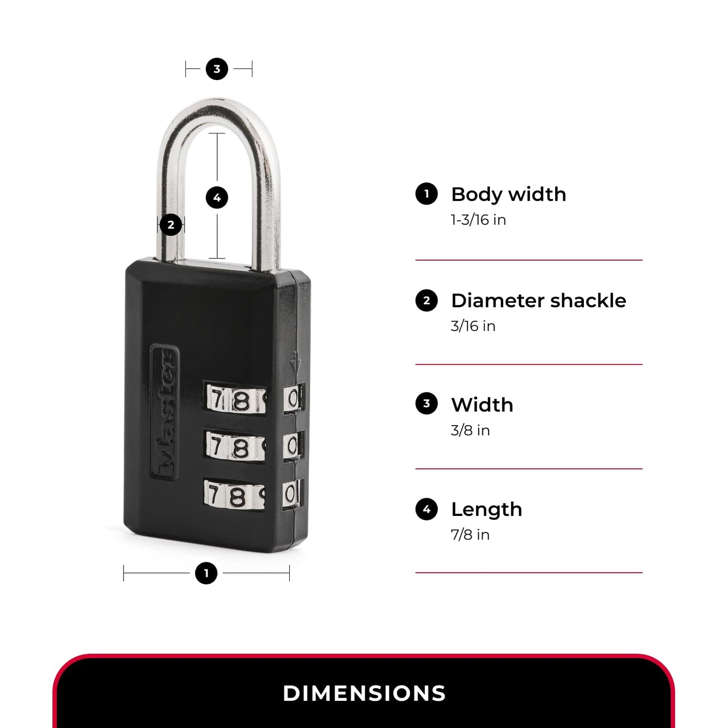 Master Lock Black Combination Padlock, Indoor Gym Locker Lock with Customizable 3-Digit Code for Luggage, Backpacks, Cabinets, 647D