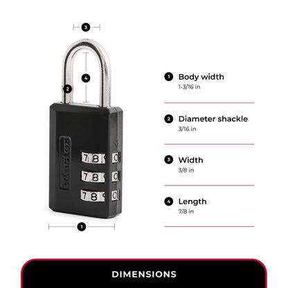 Master Lock Black Combination Padlock, Indoor Gym Locker Lock with Customizable 3-Digit Code for Luggage, Backpacks, Cabinets, 647D