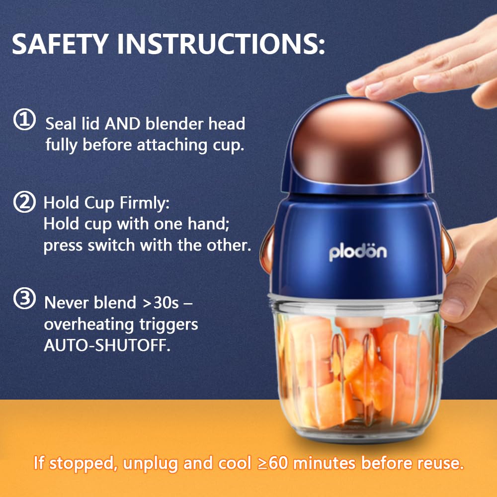 Plodon Baby Food Maker Mini Cute and Small Food Processor Puree Blender Grinder Chopper 300ml Cup Glass Bowl with 8 Blade Electric (Spaceman-Blue)