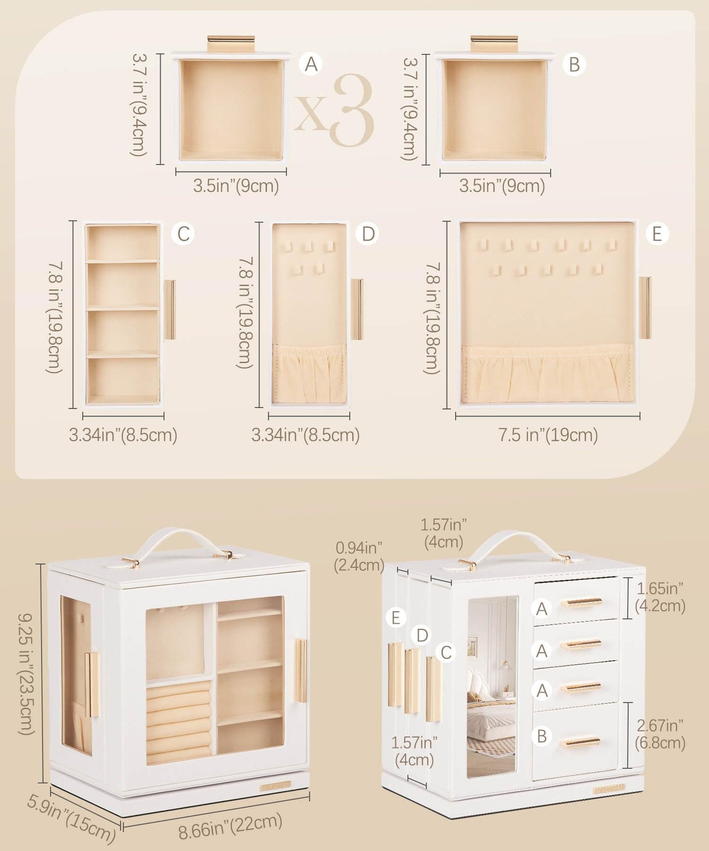 Homde Jewelry Box 360° Rotating, Necklace Earring Organizer with Transparent Window, Mirror, 7 Drawers, Large Ring Display Storage Case for Girls Women (White)