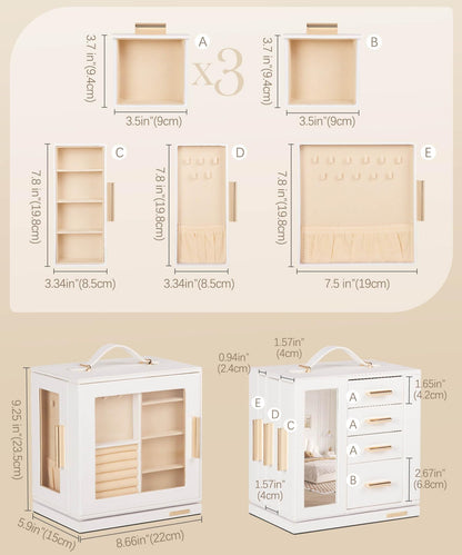 Homde Jewelry Box 360° Rotating, Necklace Earring Organizer with Transparent Window, Mirror, 7 Drawers, Large Ring Display Storage Case for Girls Women (White)