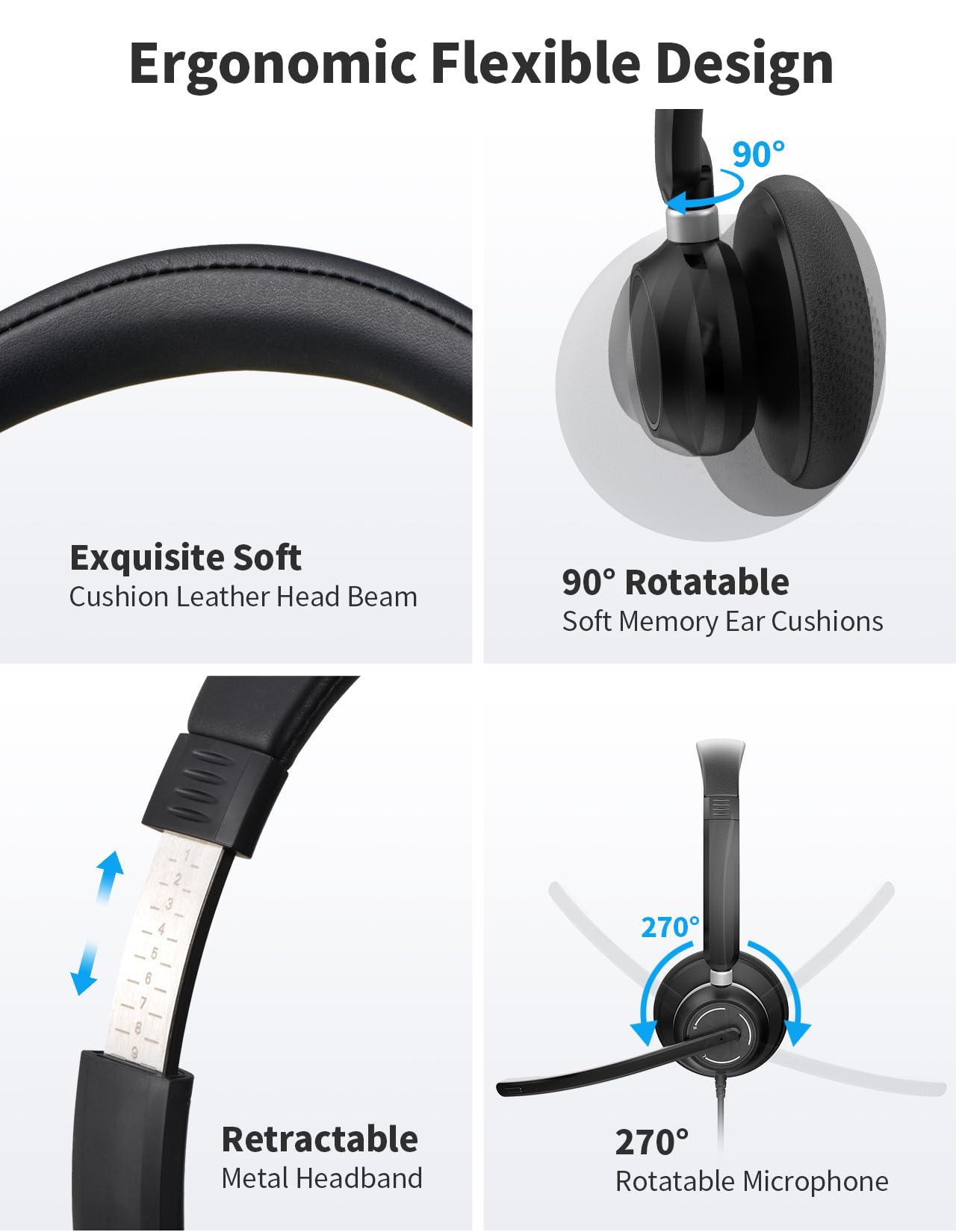 JabNecter USB Headset with Microphone for PC, Wired Headphones with Noise Cancelling Mic, Computer Headset with in-line Controls, 3.5mm & USB Plug for Zoom, Skype, Call Center, Office Use, Black