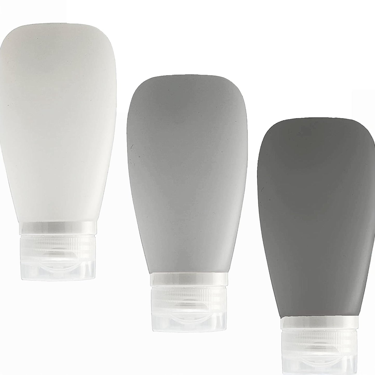 LYOB Travel Bottles for Toiletries, TSA Approved 3oz Leak Proof Silicone Refillable Squeeze Travel Size Containers BPA Free for Cleansers, Lotions, Shampoo 3-pk (Black-Gray-White)