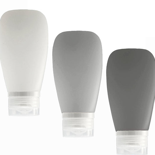 LYOB Travel Bottles for Toiletries, TSA Approved 3oz Leak Proof Silicone Refillable Squeeze Travel Size Containers BPA Free for Cleansers, Lotions, Shampoo 3-pk (Black-Gray-White)