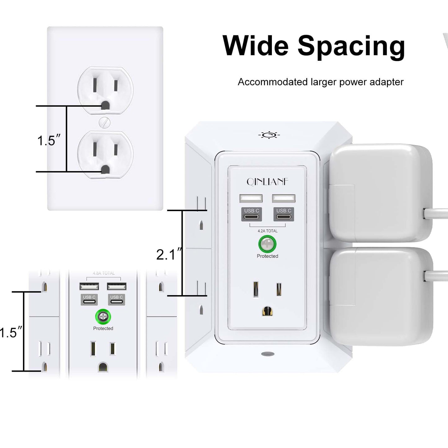 3-Sided Outlet Extender with Night Light - QINLIANF Multi Plug Outlet with 5 Outlets and 4 USB Ports(2 USB-C), USB Wall Charger for Home, Office, Travel, ETL Listed, White