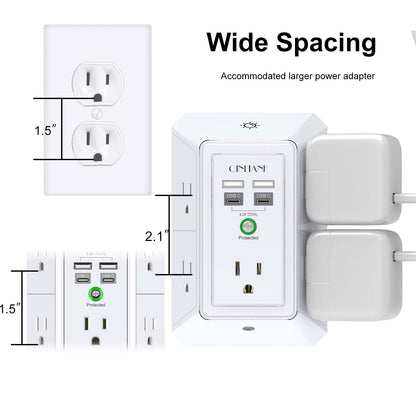 3-Sided Outlet Extender with Night Light - QINLIANF Multi Plug Outlet with 5 Outlets and 4 USB Ports(2 USB-C), USB Wall Charger for Home, Office, Travel, ETL Listed, White