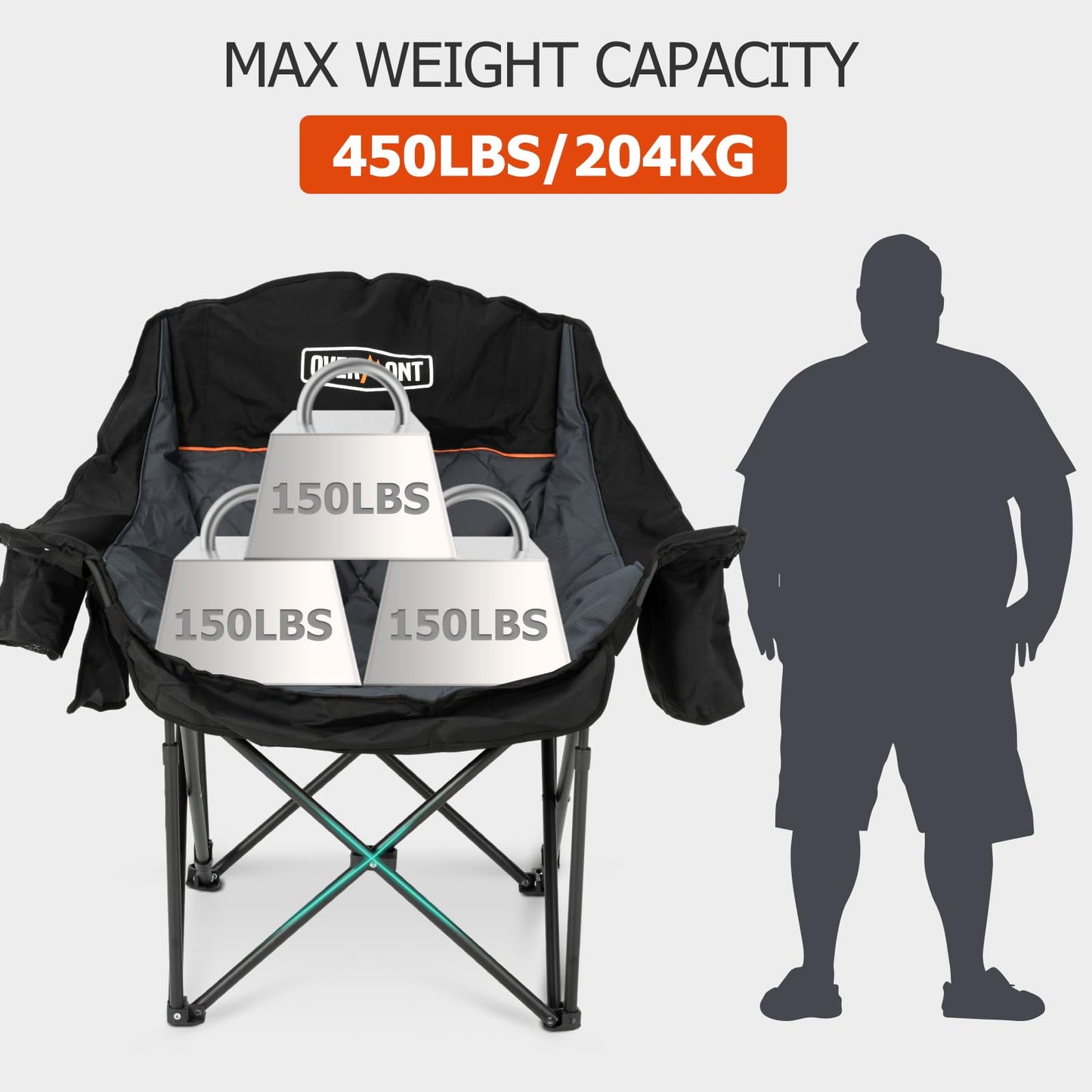 Overmont Oversized XL Camping Chair for Adults - 450lbs Support Heavy-Duty Padded Folding Chair with Side Pocket Cup Holder Cooling Bag for Outdoor Sports Garden Beach Fishing Lawn Black