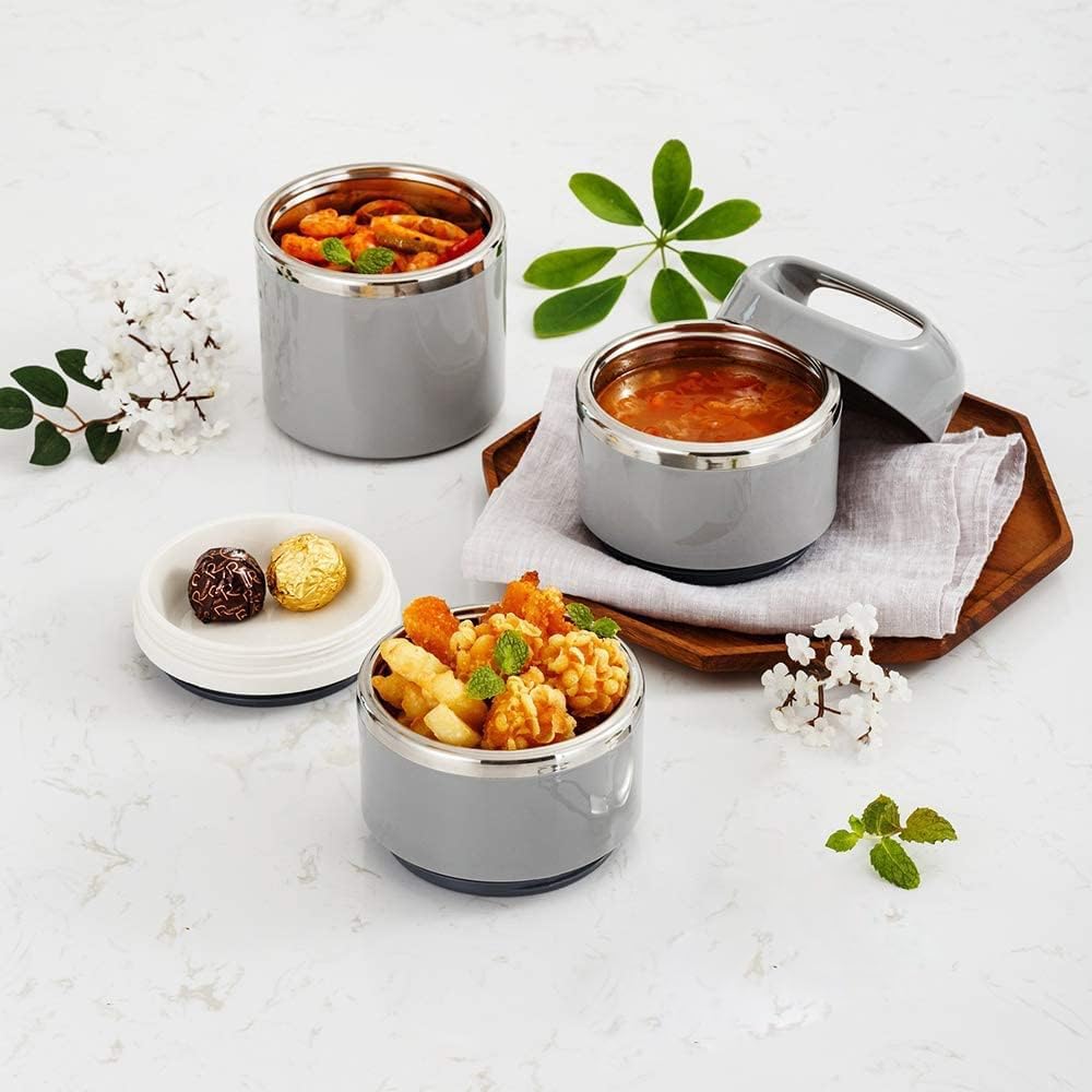 Lille Home Stackable Stainless Steel Thermal Compartment Lunch/Snack Box, 3-Tier Insulated Bento/Food Container with Lunch Bag, Utensils Set and Three Extra Seals, 43OZ (Gray)