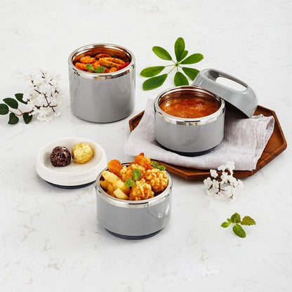 Lille Home Stackable Stainless Steel Thermal Compartment Lunch/Snack Box, 3-Tier Insulated Bento/Food Container with Lunch Bag, Utensils Set and Three Extra Seals, 43OZ (Gray)