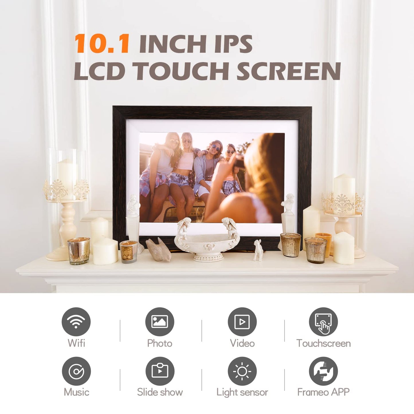 Frameo Digital Picture Frame WiFi 10.1inches Digital Photo Frame, Electronic Photo Frame Load from Phone, 1280x800 IPS Touch Screen HD Display, Auto-Rotate, Share Photos/Video-Great Gift(Brown Wood)