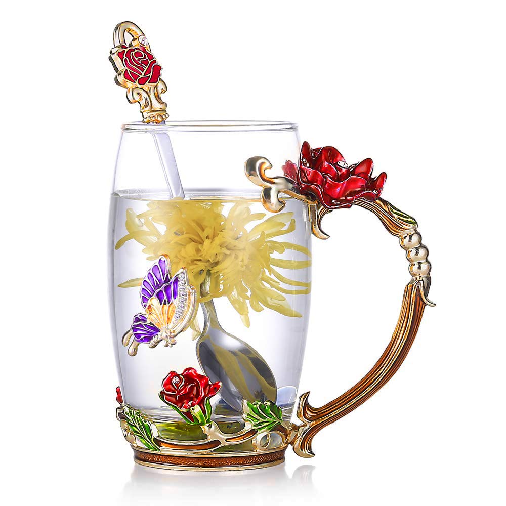 Kaiyuan Dynasty Tea Cup Glass Coffee Mugs Enamel Rose Flower Butterfly Drinking Cups with Spoon Set for Birthday Wedding Red Rose Tall Mug 12oz