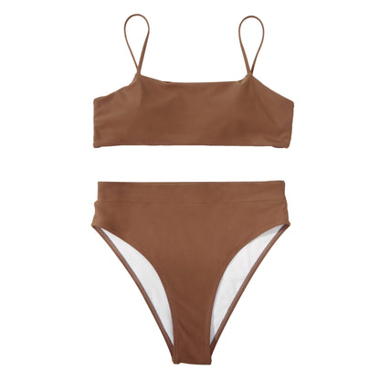 MOSHENGQI Women High Waisted High Cut Bikini Push Up Bandeau Swimsuits (M, Brown)