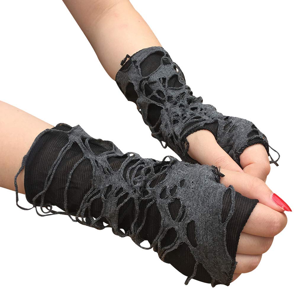 Mrotrida Women's Punk Fingerless Glove Cosplay Ripped Gloves for Halloween Costume Party 1Pair (Black Short Style)