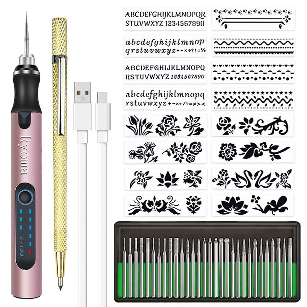 Rechargeable cordless Electric Micro Engraver Pen Mini DIY Engraving Tool Kit for Metal Glass Ceramic Plastic Wood Jewelry with 30 Bits and 16 Stencils and 1 Scriber Pen (Rose gold)