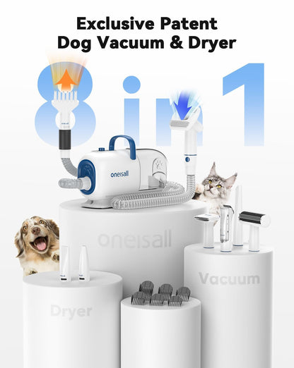 oneisall Dog Vacuum & Dryer for Shedding Grooming, 8 in 1 Dog Grooming Kit with Metal Blades Pet Clippers, Adjustable Speed and Temperature Control Blower