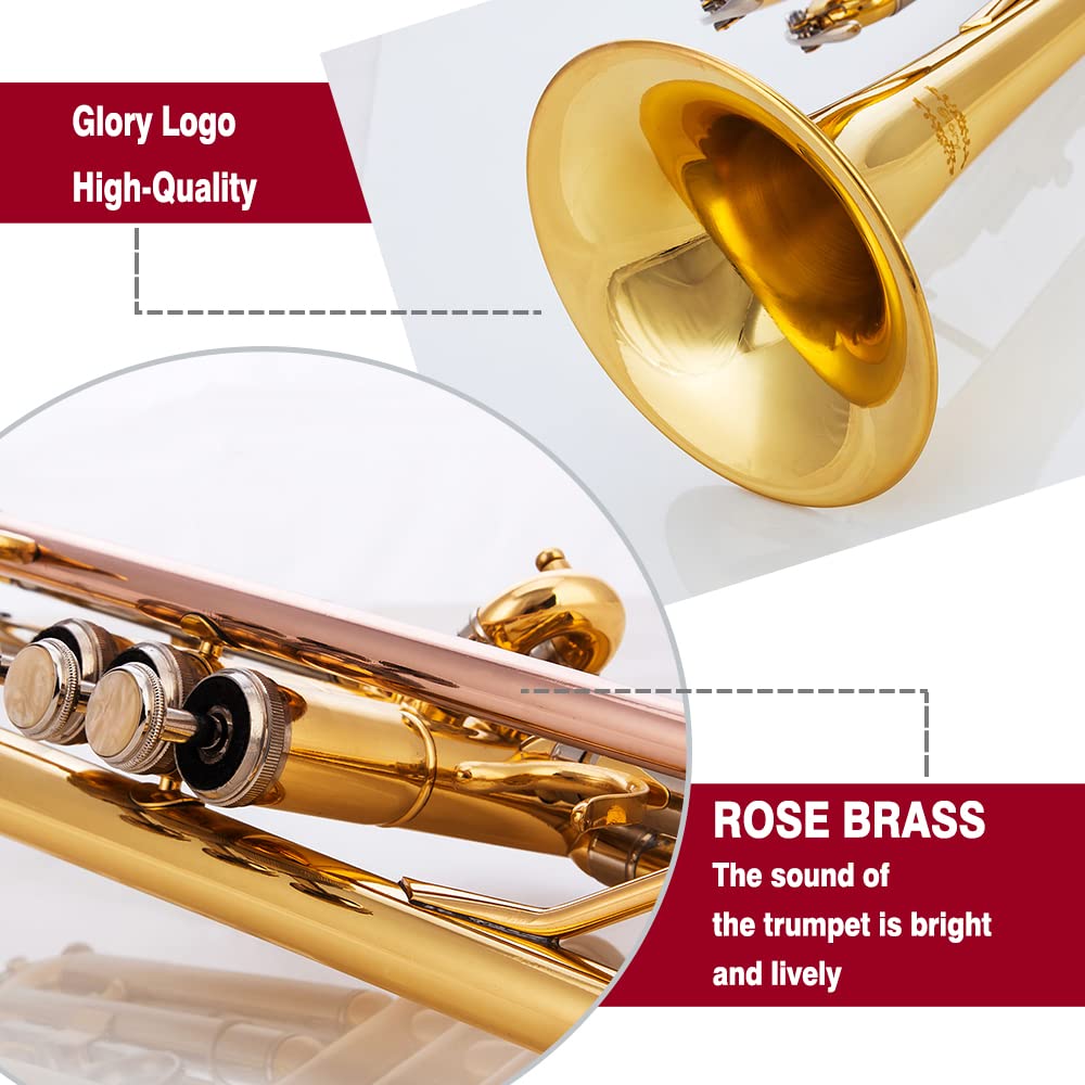 Glory Bb Trumpet - Trumpets for Beginner or Advanced Student with Case, pair of gloves-Gold
