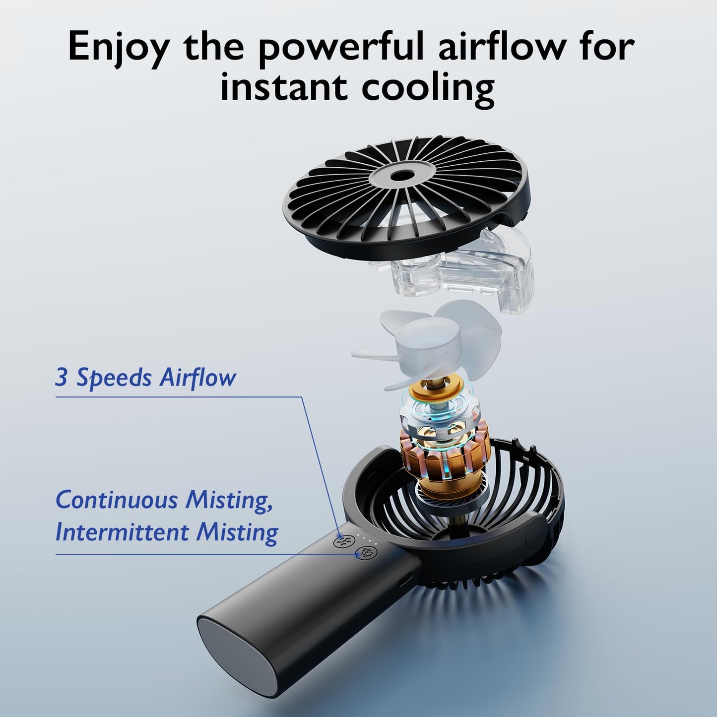 HonHey Handheld Misting Fan Portable, Small Personal Water Spray Hand Held Mist Fan,4000mAh Battery Operated 4-13-23 working hours, 90° Rotatable for Home Office Men Women Kids Travel Outdoors Black