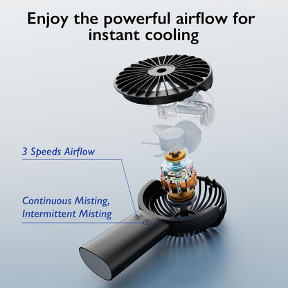 HonHey Handheld Misting Fan Portable, Small Personal Water Spray Hand Held Mist Fan,4000mAh Battery Operated 4-13-23 working hours, 90° Rotatable for Home Office Men Women Kids Travel Outdoors Black
