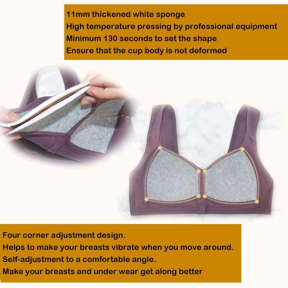 ObjFoch Daisy Bra, Front Snap Closure, Posture Correction, Wirefree, Cotton, S - 6XL, Stripe-Pink