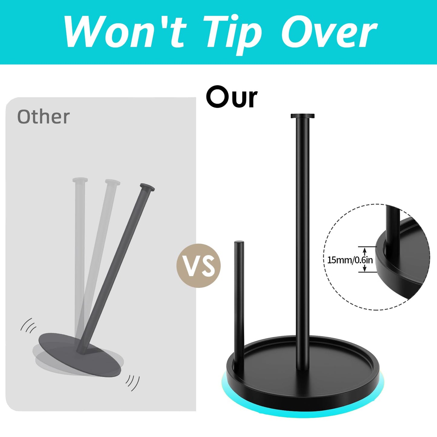 Paper Towel Holder Countertop, Standing Paper Roll Holder with Anti Slip Weighted Base, Stainless Steel Freestanding Paper Towel Holder for Kitchen, Black