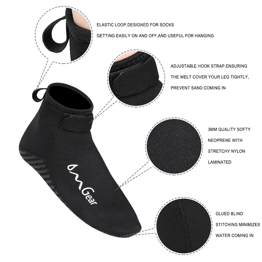 Neoprene Beach Booties - 3mm Glued Blind Stitched Anti-Slip Wetsuit Boots - Fin Swim Socks for Water Sports & Outdoor Activities (3mm Low Cut/Black, S)