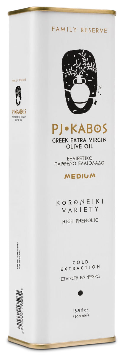 P.J. KABOS 2024/25 Harvest, High Phenolic (450+mg/kg), Premium Greek Extra Virgin Olive Oil, Kosher, Greece, Cold Extracted, 16.9 oz Tin, Koroneiki, "Family Reserve - Medium"
