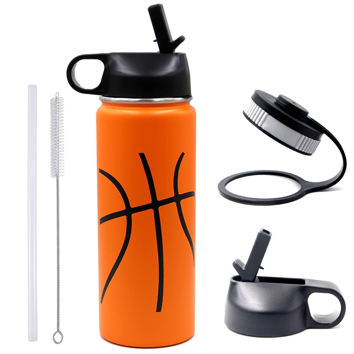 18 oz Basketball Water Bottle, Metal Travel Tumbler Sports Flask with 2 Lids, Stainless Steel Double Wall Vacuum Leakproof Insulated Water Bottles, Basketball Accessories Gifts for Boys Girls Player