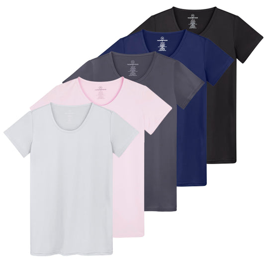 Real Essentials 5 Pack: Women's Short Sleeve T-Shirts Workout Tops Fitness Pilates Gym Activewear Athletic (Plus Available), Set 6, M, Pack of 5