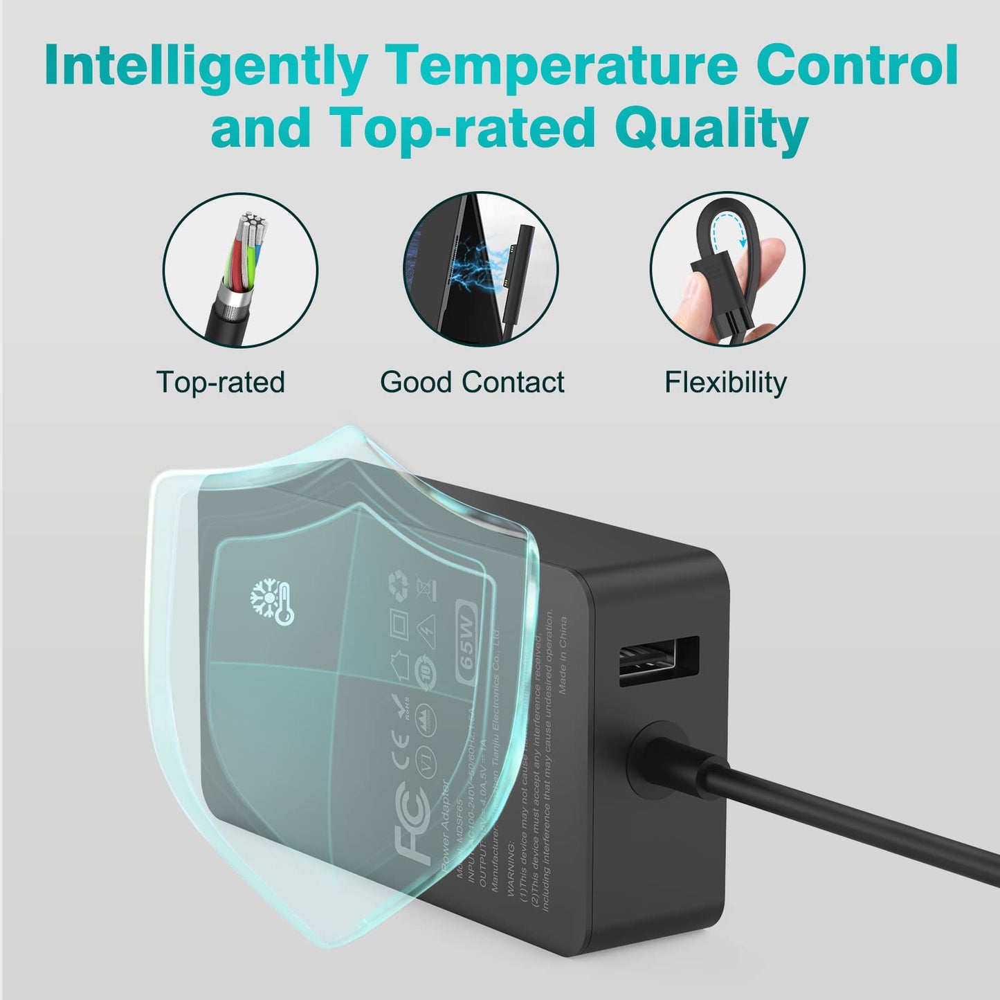 65W Charger Compatible with Microsoft Surface Pro 11, 10, 9, 8, 7+, 7, 6, 5, 4, 3, X, Power Adapter for Windows Surface Laptop 7/6/5/4/3/2/1, Go Tablet, Book 3/2/1, Support 44W, 36W, LED, 10FT