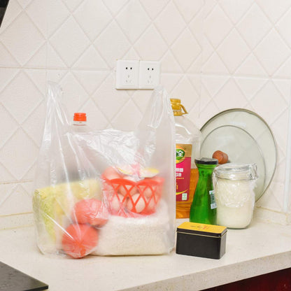 LazyMe T Shirt Bags Plastic Grocery Bags with Handles for Merchandise and Supermarket, Bolsas De Plastico Para Negocio, 12 x 20 Inch (White, 100Pcs)