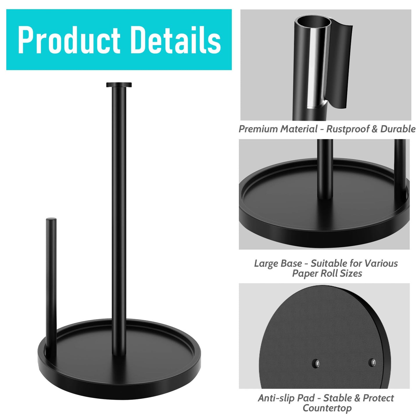 Paper Towel Holder Countertop, Standing Paper Roll Holder with Anti Slip Weighted Base, Stainless Steel Freestanding Paper Towel Holder for Kitchen, Black