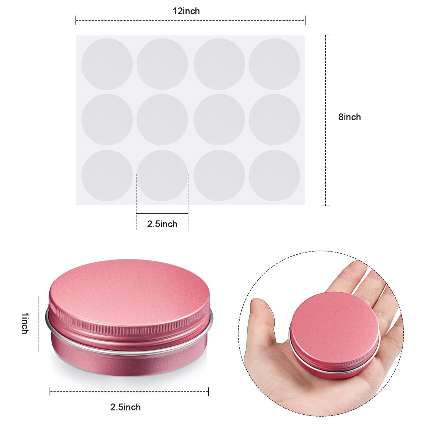 2 oz Metal Round Tins Aluminum Tin Cans Salve Tins Containers with Screw Lid 10 Sheets Stickers for Salve Spice Candies Balms Candles, 36 Pack (Pink)