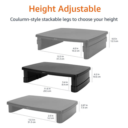 Amazon Basics Height Adjustable Rectangular Computer Monitor Riser Desk Stand with Storage for Reduced Neck Strain - Fits Monitors, Laptops Up to 22lbs, Black