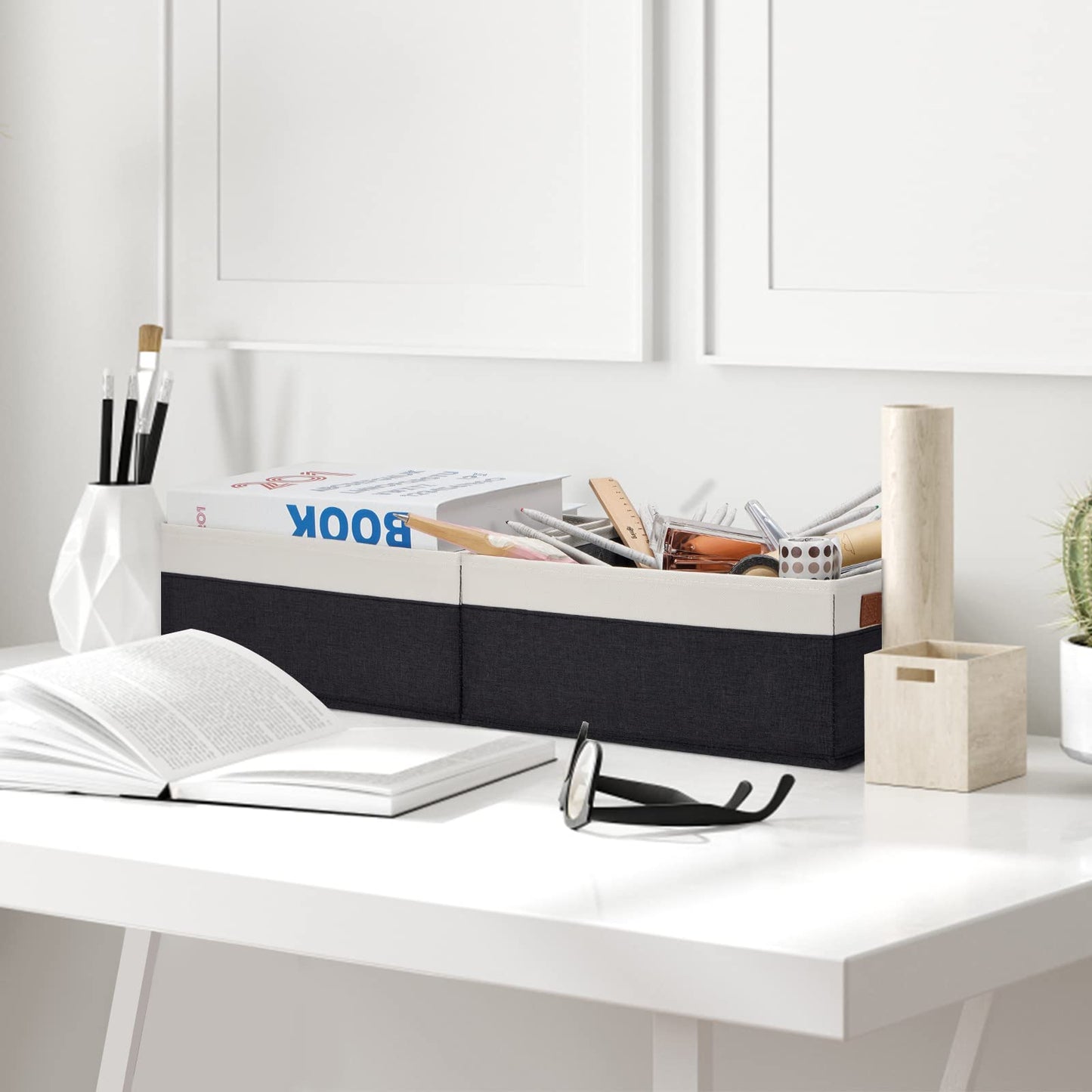 GhvyenntteS Storage Baskets for Organizing, Fabric Storage Bins with Leather H&les, Foldable Rectangular Storage Baskets for Shelves, Closets, Home, Office(Black/White, 6 Pack)11.8X7.9X5.1 in