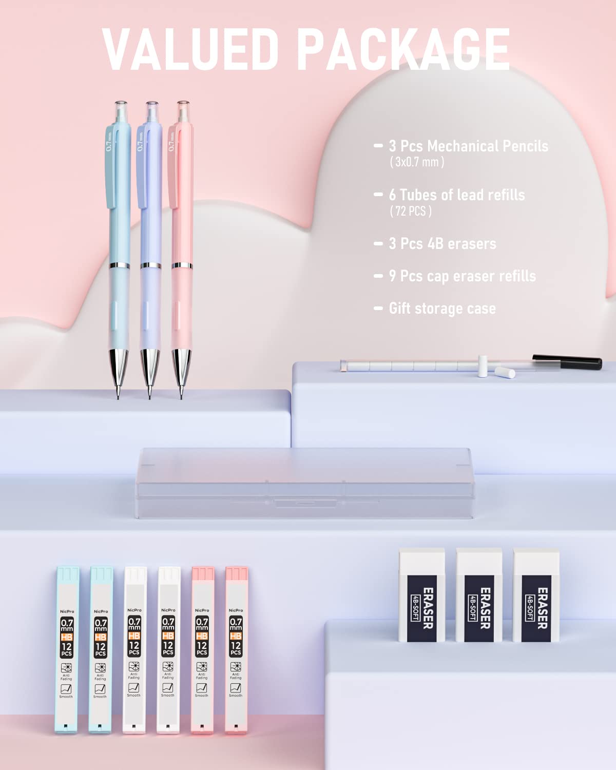 Nicpro 3PCS Cute Mechanical Pencil Set with Case, 0.7 mm Pencils with 6 Tube HB Lead Refill, 3PCS Eraser, 9PCS Eraser Refill for School Supplies Kid Student Writing, Drafting Drawing Sketching
