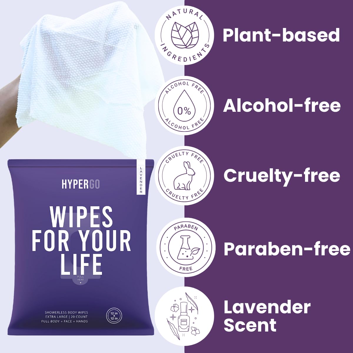 HyperGo XL Body Wipes for Women & Men – 12" x12" Rinse-Free Full Body Cleansing Wipes 20 Count Pack - Lavender | Biodegradable, Hypoallergenic, Aloe-Infused | Gym, Festival, Camping Essentials