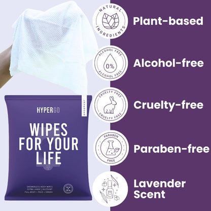HyperGo XL Body Wipes for Women & Men – 12" x12" Rinse-Free Full Body Cleansing Wipes 20 Count Pack - Lavender | Biodegradable, Hypoallergenic, Aloe-Infused | Gym, Festival, Camping Essentials