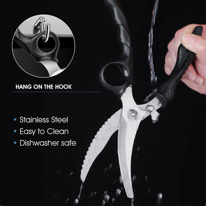 PURPLEBIRD Heavy Duty Poultry Shears, Spring Loaded Kitchen Scissors, Dishwasher Safe Stainless Steel Cooking Scissors, Multipurpose Kitchen Shears for Cutting Chicken and Meat Black