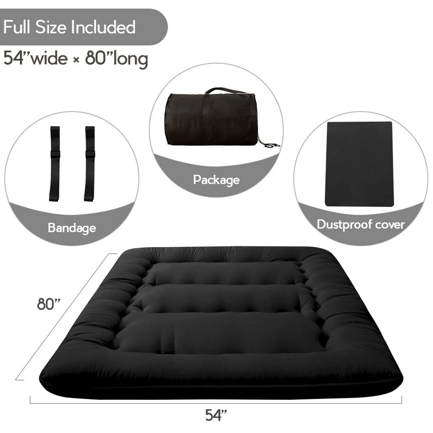 MAXYOYO Japanese Floor Mattress Futon Mattress, 4" Thicken Tatami Mat Sleeping Pad Foldable Roll Up Mat Boys Girls Dormitory Pad Kids Floor Lounger Pillow Bed, Black, Full