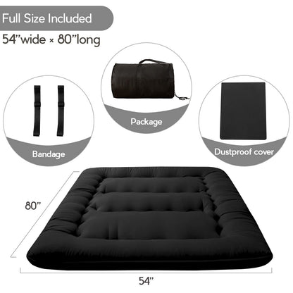 MAXYOYO Japanese Floor Mattress Futon Mattress, 4" Thicken Tatami Mat Sleeping Pad Foldable Roll Up Mat Boys Girls Dormitory Pad Kids Floor Lounger Pillow Bed, Black, Full