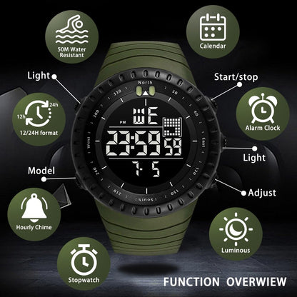 KXAITO Men's Watches Sports Outdoor Waterproof Military Watch Date Multi Function Tactics LED Face Alarm Stopwatch for Men (6256 Black)