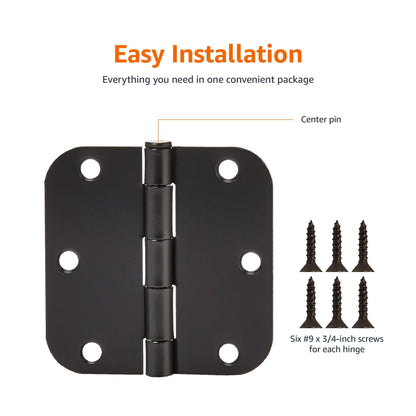 Amazon Basics Sturdy Rounded 5/8 Radius Interior Door Hinges, 3.5" x 3.5", 18 Pack, Matte Black